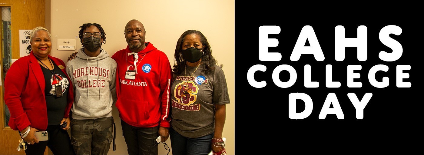 Ms. Turner, student, Dr. Hall and Dr. Frederick in college shirts, EAHS College Day